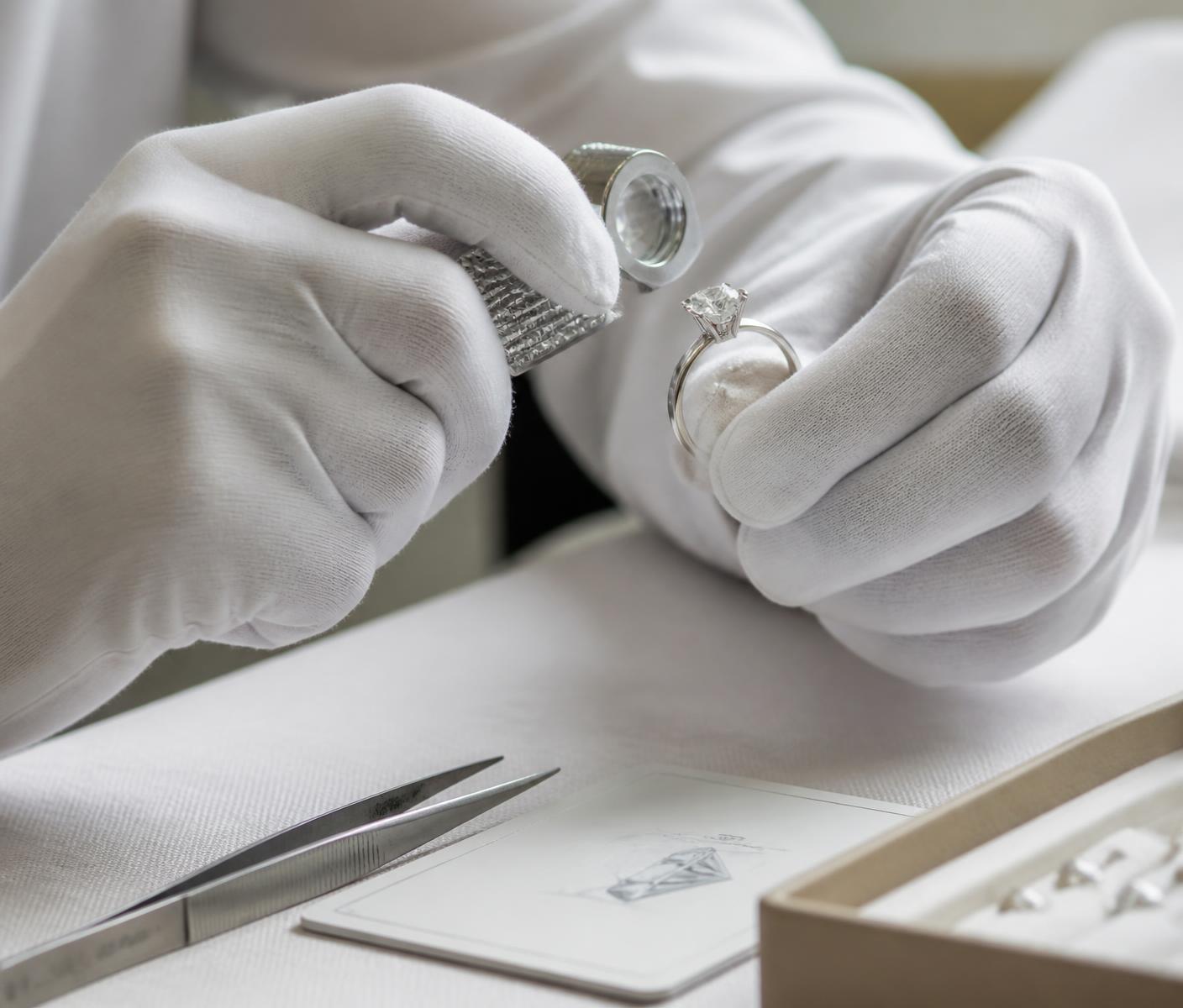 Gemmologische Prüfung eines Diamantrings mit Lupe